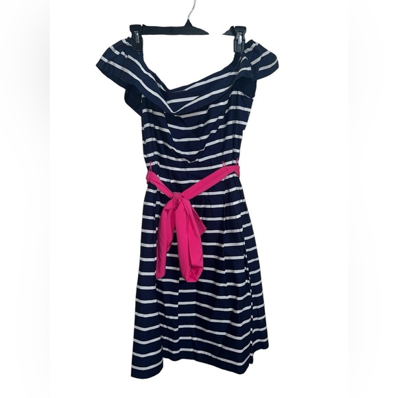 Nwt Eliza J Fit & Flare Pleated Navy Cream Striped Dress Belted Pink Bow Sash 6 - Picture 8 of 8